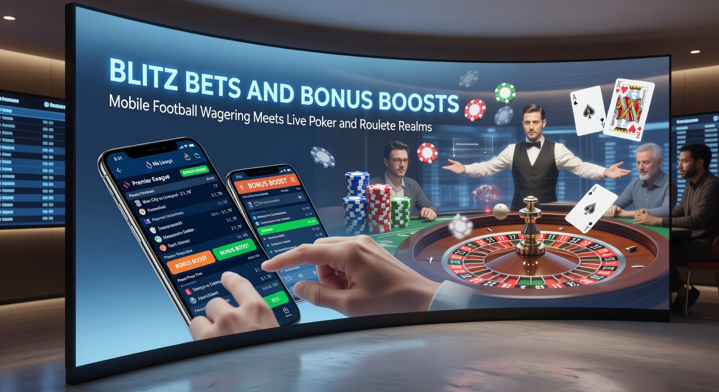 Live-Stream eines Fußballspiels auf Tablet neben einem Roulette-Rad und Poker-Tisch auf dem Bildschirm, mit Bonus-Icons und Odds-Anzeigen