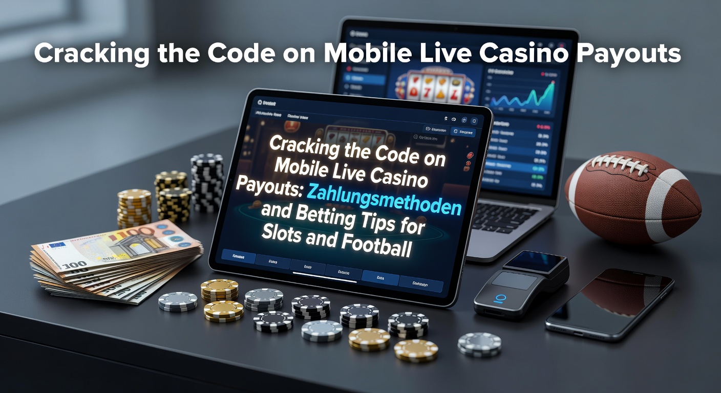 Smartphone mit Live-Casino-App und Auszahlungsoptionen im Vordergrund, umgeben von Icons für Slots und Fußballwetten