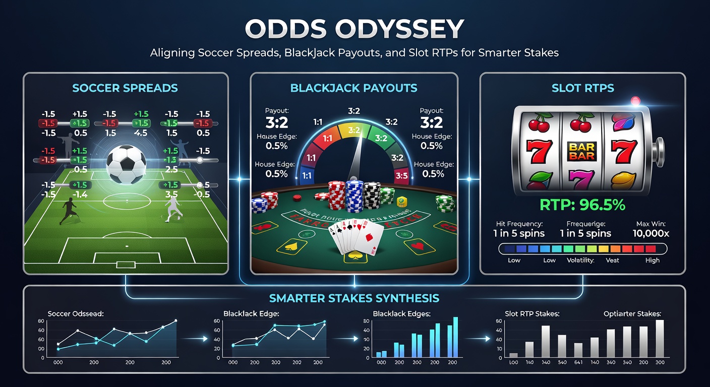 Vergleichstabelle von Quoten aus Fußballspreads, Blackjack-Payouts und Slot-RTPs mit grafischen Elementen