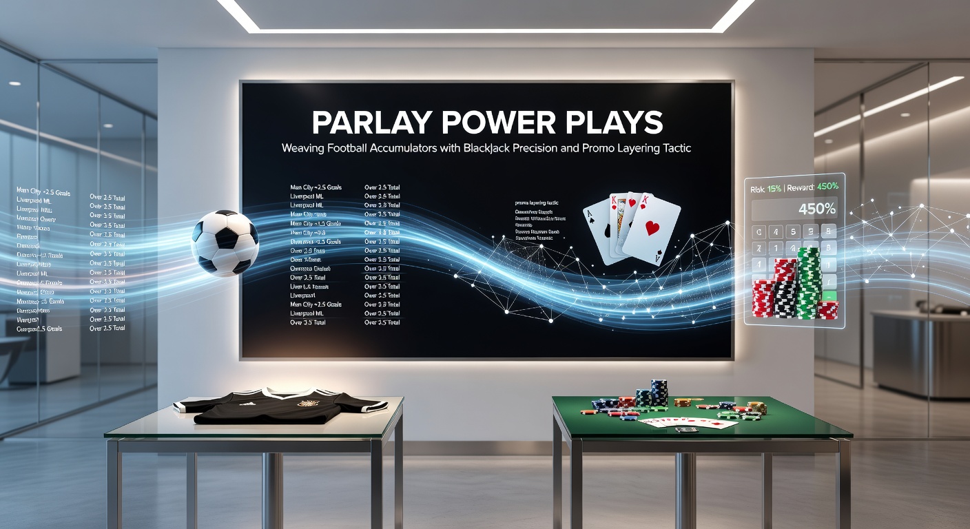 Blackjack-Tisch mit Fußball-Stats-Overlay und gestapelten Bonus-Icons, die Layering-Taktiken illustrieren
