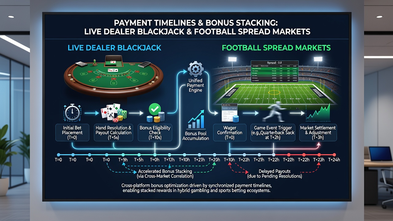 Schnittstelle einer mobilen App, die Bonus-Stapelung zwischen Blackjack und Football-Spreads mit Zahlungsbestätigungen darstellt