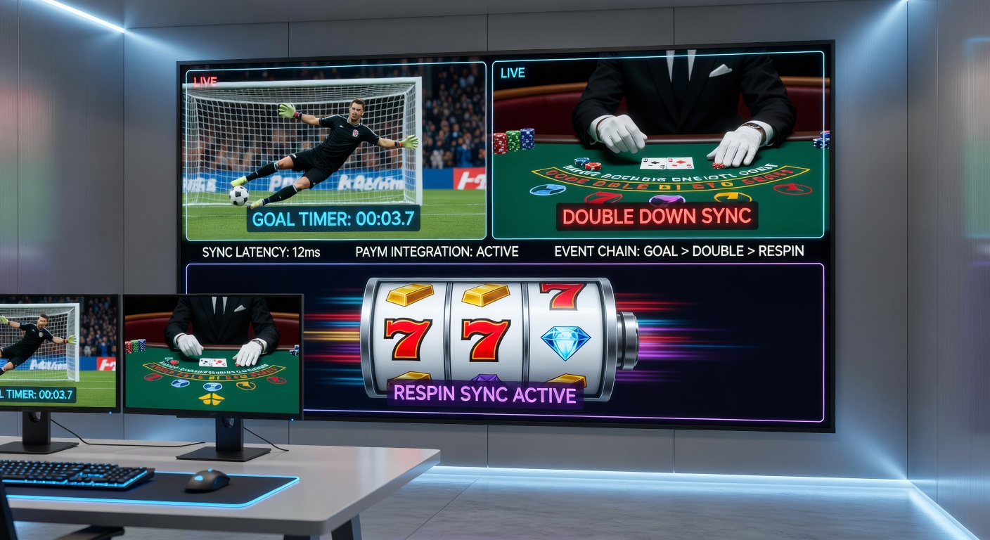Digitale Grafik zeigt Synchronisation von Fußball-Timer mit Blackjack-Tisch und Slot-Maschine, verbunden durch Zahlungs-Icons und Echtzeit-Pfeilen