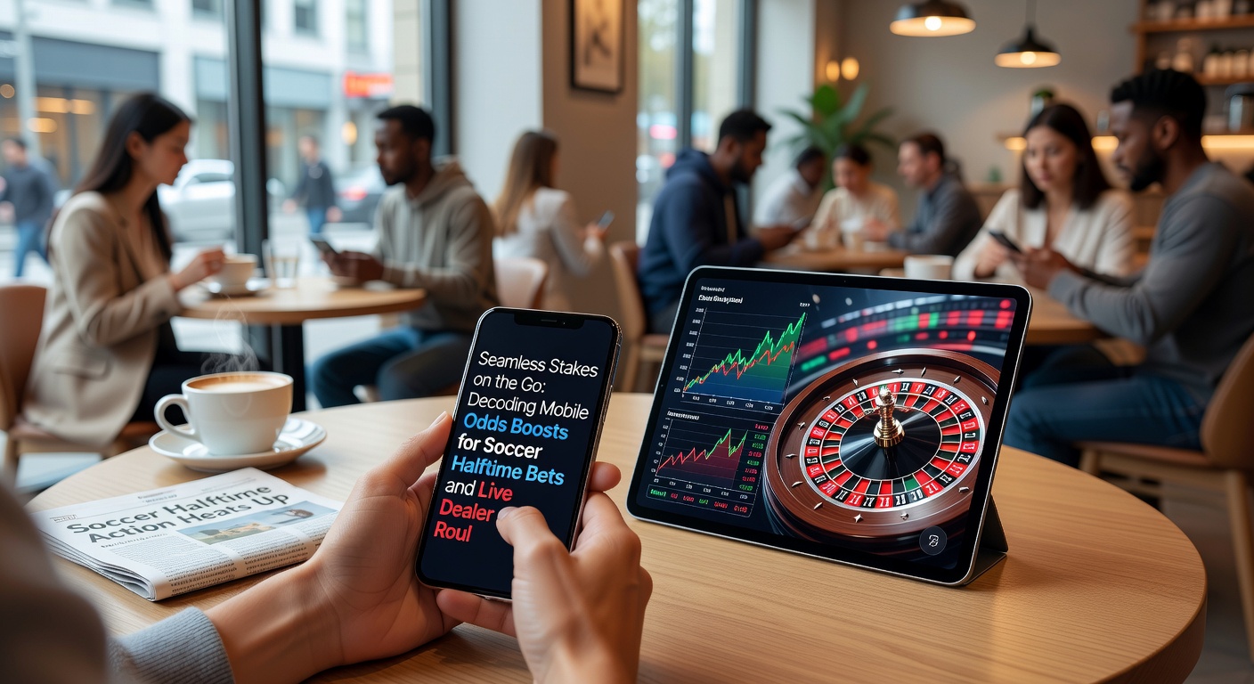 Live-Roulette-Tisch mit mobiler App-Oberfläche und Fußball-Quoten-Boost-Overlay auf einem Tablet